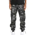 Detailed view of men's camouflage cargo pants with pockets and drawstring cuffs - S / Camo Grey