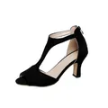 Elegant black suede peep-toe sandals with T-strap design and back zipper closure - Black