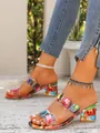 Detail showing transparent straps and colorful gemstone-embellished block heels on sandals - 35 / Rainbow