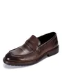 Detailed view of men's dark brown leather penny loafer shoe with classic stitching - 38 / Coffee