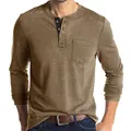 Vintage brown men's long sleeve Henley shirt with chest pocket and button placket - S / Tops / Khaki