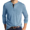 Stylish men's slim fit long sleeve Henley shirt featuring a chest pocket in light blue color - Light Blue