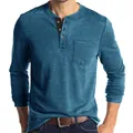 Men's slim fit long sleeve Henley shirt in peacock blue featuring a chest pocket and button neck - Blue