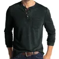 Men's slim fit long-sleeved Henley shirt in dark green with chest pocket and button neck - S / Tops / Gray