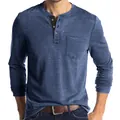 Men's slim fit long sleeve Henley shirt with chest pocket in denim blue heather finish - Dark Blue