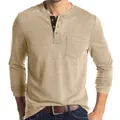 Men's khaki slim fit long sleeve Henley shirt featuring a front pocket and contrast placket - Apricot
