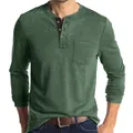 Slim fit long sleeve olive green Henley shirt for men with three-button placket - Dark Green