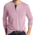 Men's slim fit long-sleeve Henley t-shirt in pink color featuring a chest pocket design - S / Tops / Pink