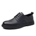 Heren zwarte geperforeerde ademende casual leren schoenen in Britse stijl laag model - Zwart Opengewerkt