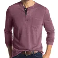 Men's slim fit long-sleeved Henley shirt featuring a chest pocket in a burgundy color - S / Tops / Dark Red