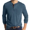Men's slim-fit long-sleeve Henley shirt featuring a chest pocket in muted blue. - S / Tops / Denim Blue