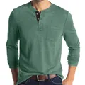 Premium men's slim fit long sleeve green Henley shirt featuring chest pocket and buttons - Turquoise