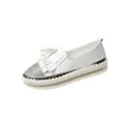 Elegant white platform loafers for women featuring rhinestone toe and fringe detail - White