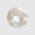 Close-up detail view of round button made of white mother-of-pearl mosaic shell pieces - 15.0mm (24L) / White