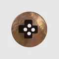 Close-up of a brown mother-of-pearl shell button with a cross-shaped 4-hole design - 36L (23.0mm) / Brown