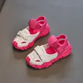 Pink and white breathable mesh children's sports sandals with dual hook-and-loop straps - Size 23 (Length 15.0) / Rose Red