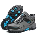 Durable grey and black high-top hiking boots featuring non-slip blue grip soles for outdoors - 39 / High-Top / Gray