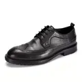 Close-up of men's black leather brogue shoes with classic wingtip perforation. - 38 / Black