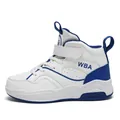 Sneakers alte per bambini in bianco e blu con cinturino in velcro e tomaia in similpelle - 31 / bianco e blu