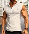 Detail of a men's beige sleeveless hooded shirt with button placket and waffle texture. - Khaki