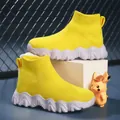 Breathable high-top yellow knit sock shoes for kids featuring comfortable white wavy soles - 26 / Yellow