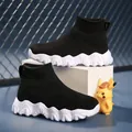 Black breathable high-top knit sock sneakers for boys featuring a white wavy sole - 26 / Black