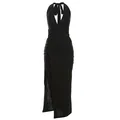 Vestido largo negro sexy con cuello halter, escote en V profundo y abertura - S / Vestidos / Negro