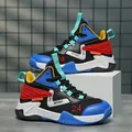 High-top breathable mesh basketball shoes for kids in vibrant blue and red design - 30 / Black & Royal Blue