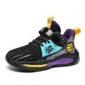 Breathable mesh boys' basketball shoes with purple and yellow accents sports design - 30 / Black Purple