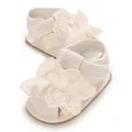 Detailansicht weißer Babysandalen mit zarter Spitze und Blumenverzierung - Aprikose