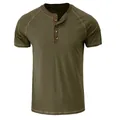 Classic men's olive green short sleeve Henley t-shirt with brown contrast neck trim - Army Green