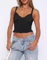 Detailed view of a sexy black twist-front camisole cropped tank top worn by a model - S / Tops / Black