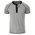 Casual men's short sleeve Henley t-shirt in light gray with dark green contrast trim - S / Tops / Gray