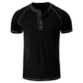 Mens black short sleeve Henley T-shirt with contrast stitching and four-button placket - S / Tops / Black