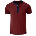 Men's short-sleeve burgundy Henley shirt with navy blue contrast trim and stitching - S / Tops / Burgundy