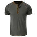 Men's casual short sleeve Henley t-shirt in olive green with contrast brown stitching - S / Tops / Dark Gray