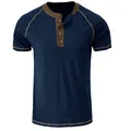 Navy blue men's short sleeve Henley shirt with brown contrast trim and functional buttons - Sapphire Blue
