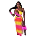 Close-up of vibrant pink and yellow gradient one-shoulder bodysuit with high-slit skirt - S / Top And Bottom / Yellow
