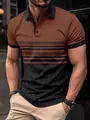 Close-up of men's stylish brown and black striped polo shirt featuring a classic lapel collar - Coffee