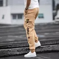 Men's khaki multi-pocket cargo pants with jogger cuffs in streetwear style - S / Bottoms / Khaki