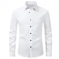 Classic men's white long-sleeved business dress shirt featuring stylish black buttons detail - M / Tops / White