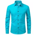 Close-up of a men's cyan long-sleeve dress shirt with a classic button-down front - Malachite green