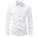 Front view of white long-sleeved men's business casual shirt with black buttons - White