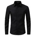 Professional front view of a classic black long-sleeved business dress shirt for men - M / Tops / Black