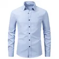 Full front view of a light blue long-sleeve business dress shirt with black buttons - Light Blue
