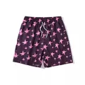 Men's summer beach shorts featuring a pink star pattern on dark fabric with drawstring. - S / Bottoms / Purple