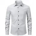 Classic white long-sleeved men's business casual shirt featuring elegant black buttons - Matcha Green