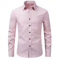 Front view of a men's light pink long-sleeved business casual shirt with dark buttons - Pink