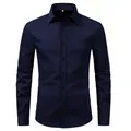 Front view of a men's navy blue long-sleeve business casual dress shirt - Navy Blue