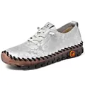Women's floral leather flats with handmade stitching and soft rubber soles - Gray